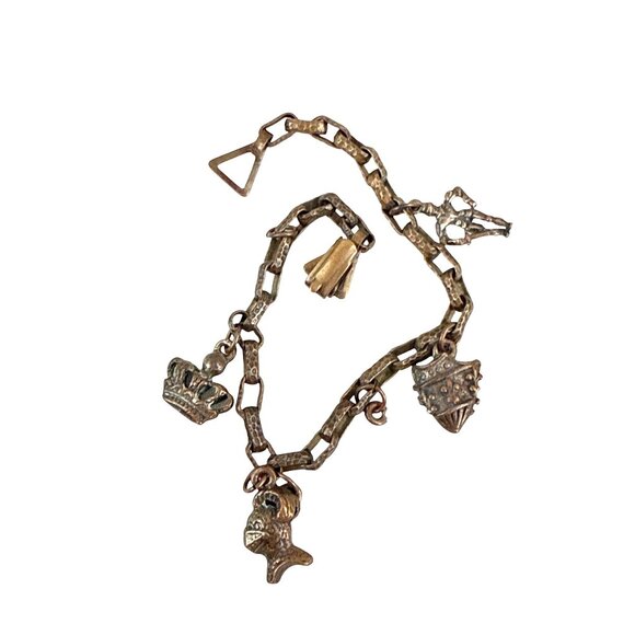 Vintage Medieval Brass Charm Bracelet Knight Crown Shield Heraldic 8" Link - Picture 2 of 6
